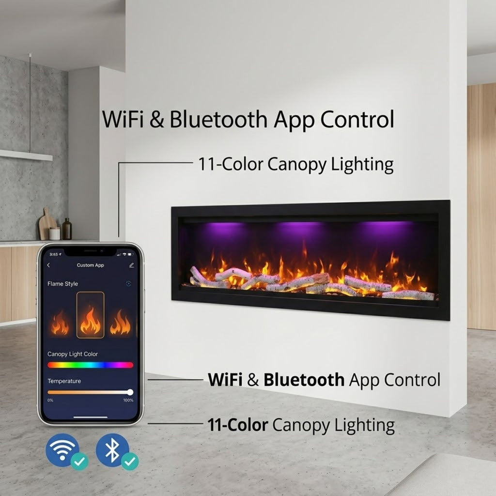 Symmetry Bespoke Smart Electric Fireplace: Indoor/Outdoor Built-in Wall Mounted Heater with WiFi, Bluetooth & Remote Control