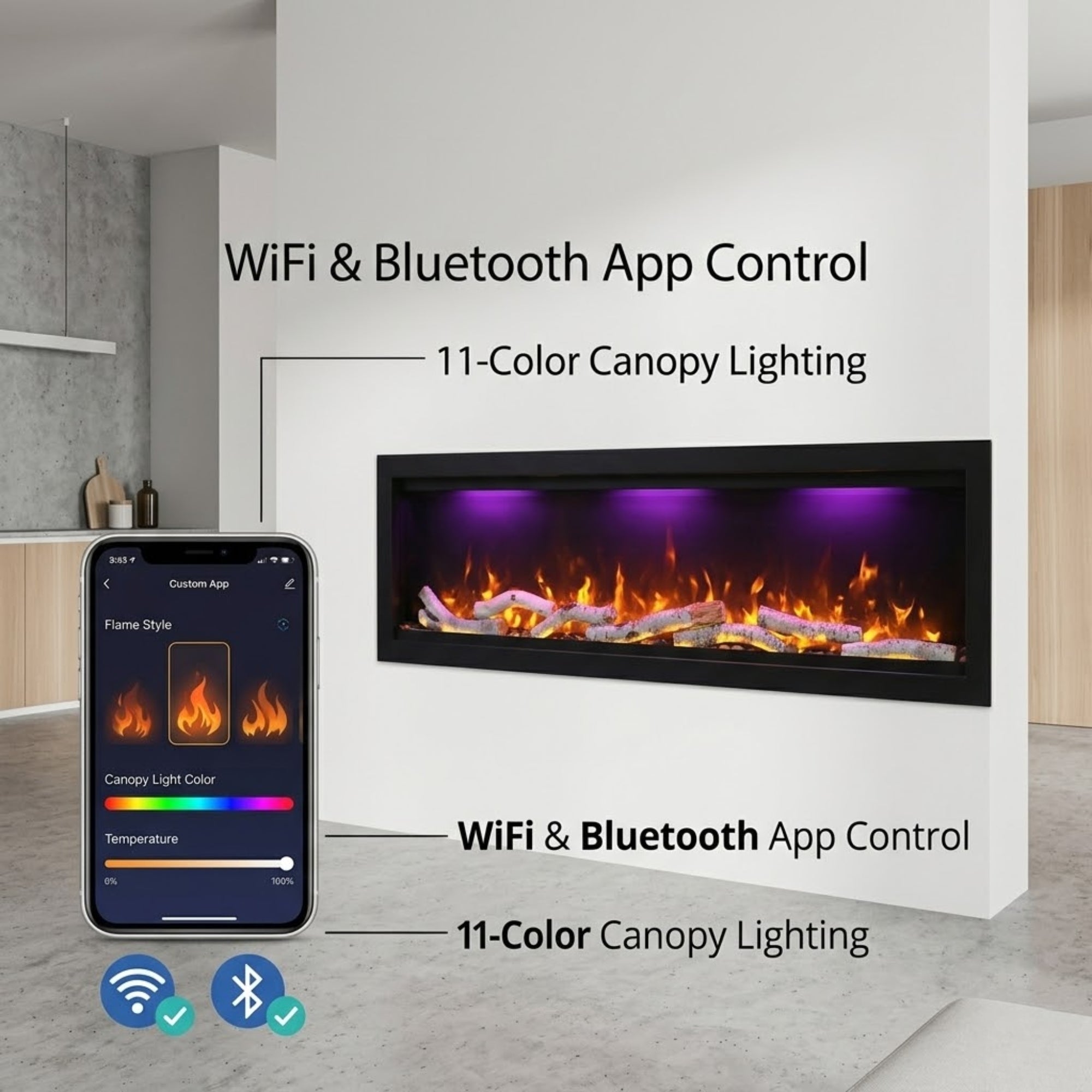 Symmetry Bespoke Smart Electric Fireplace: Indoor/Outdoor Built-in Wall Mounted Heater with WiFi, Bluetooth & Remote Control