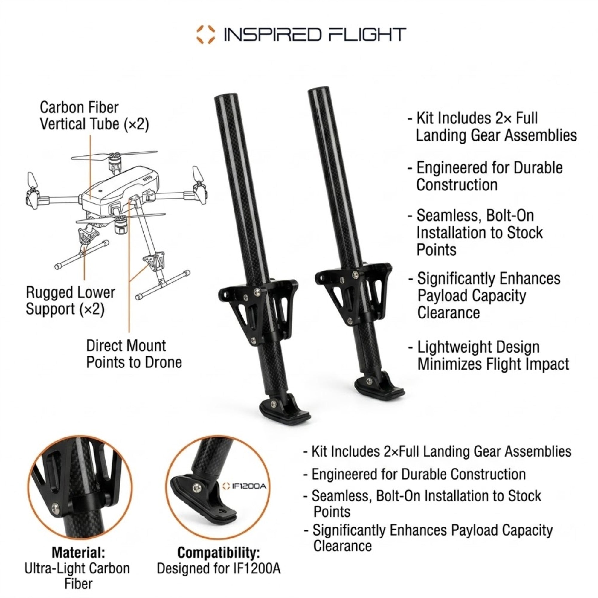Inspired Flight IF1200A Extended Landing Gear Set - Drone Accessories 350mm